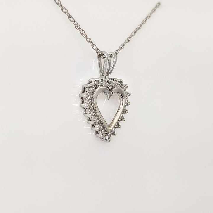 14K WHITE .50 CARAT TOTAL WEIGHT I1 J DIAMOND ROUND (20) ESTATE HEART PENDANT & CHAIN 2.6 GRAMS