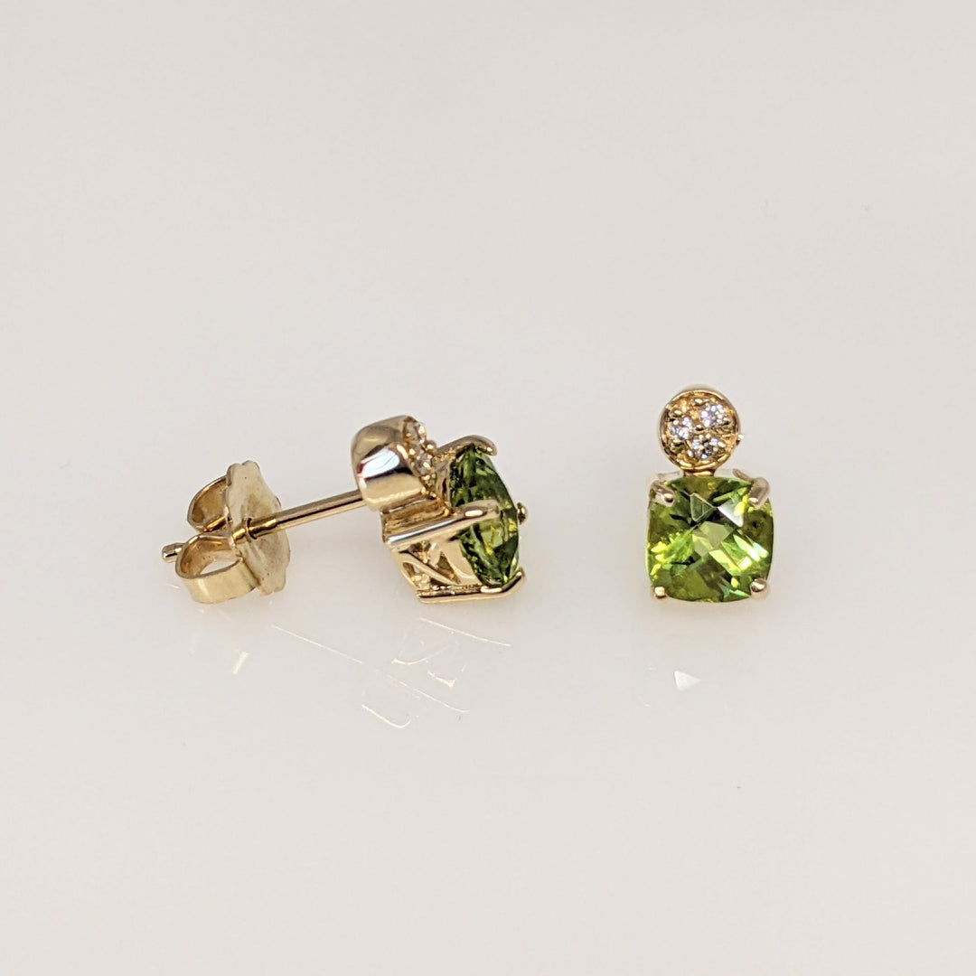 14K PERIDOT CUSHION CUT 5MM WITH (6) MELEE ESTATE EARRINGS 1.6 GRAMS