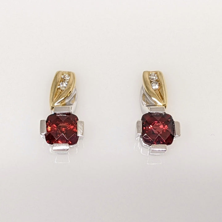 14K TWO-TONE GARNET CUSHION CUT 4MM WITH (4) MELEE ESTATE EARRINGS 2.9 GRAMS