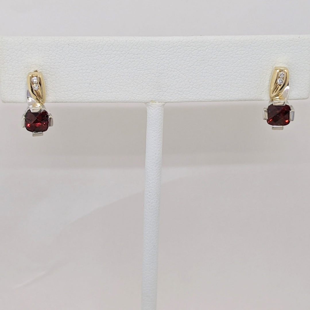 14K TWO-TONE GARNET CUSHION CUT 4MM WITH (4) MELEE ESTATE EARRINGS 2.9 GRAMS