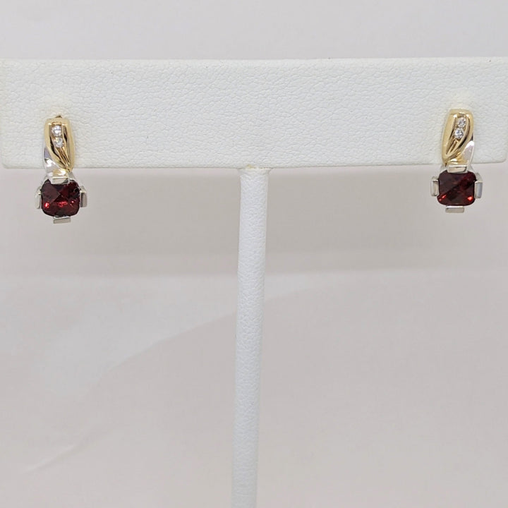 14K TWO-TONE GARNET CUSHION CUT 4MM WITH (4) MELEE ESTATE EARRINGS 2.9 GRAMS