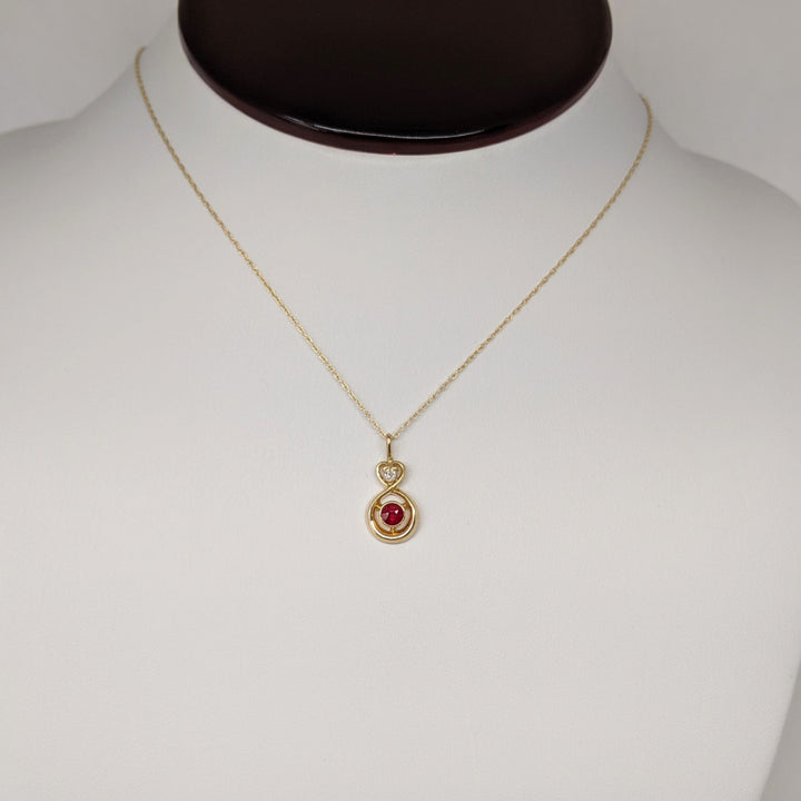 10K RUBY ROUND 4MM BEZEL WITH ROSE CUT MELEE ESTATE PENDANT & CHAIN 1.5 GRAMS