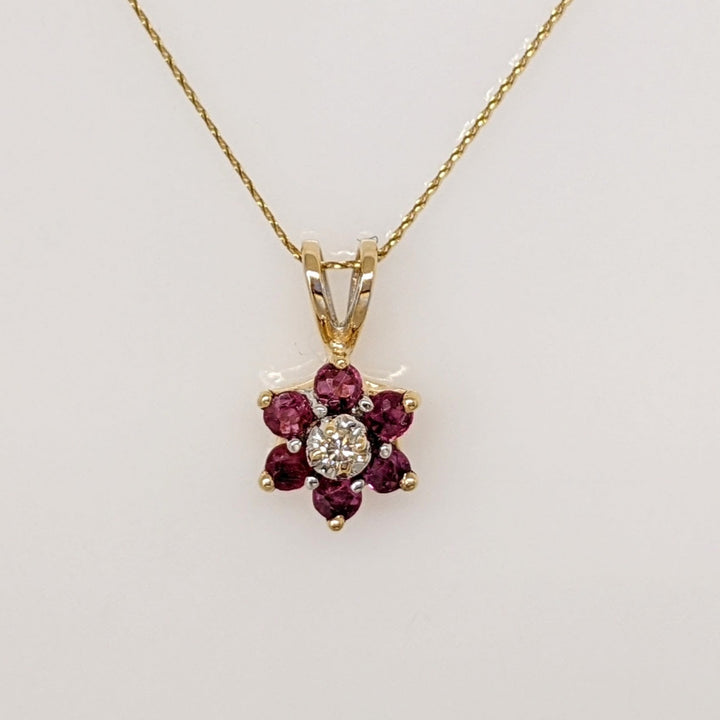 14K RUBY ROUND (6) 2MM WITH MELEE ESTATE PENDANT & CHAIN 2.2 GRAMS