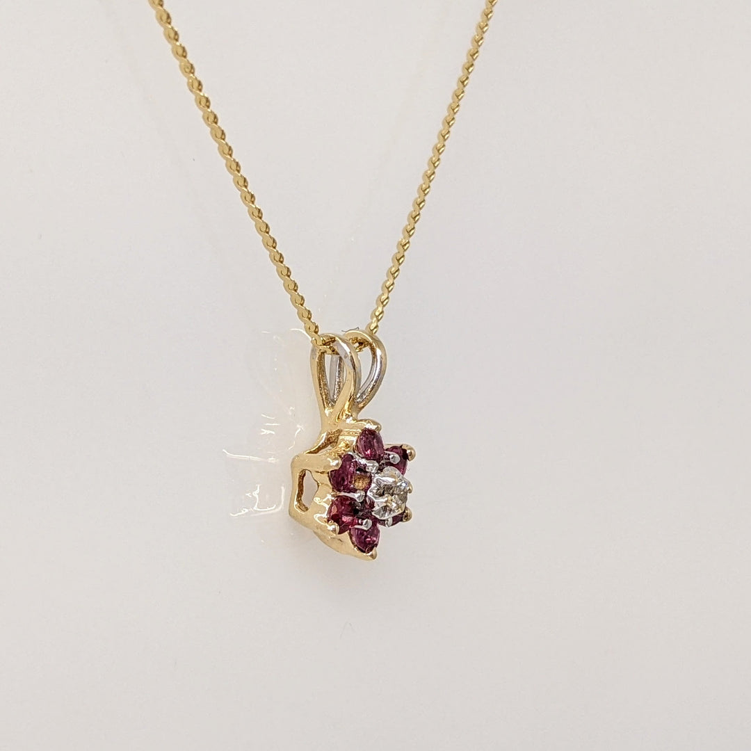 14K RUBY ROUND (6) 2MM WITH MELEE ESTATE PENDANT & CHAIN 2.2 GRAMS