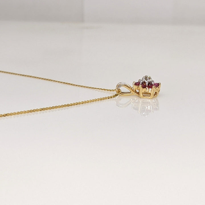 14K RUBY ROUND (6) 2MM WITH MELEE ESTATE PENDANT & CHAIN 2.2 GRAMS