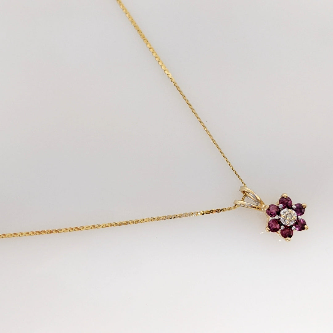 14K RUBY ROUND (6) 2MM WITH MELEE ESTATE PENDANT & CHAIN 2.2 GRAMS