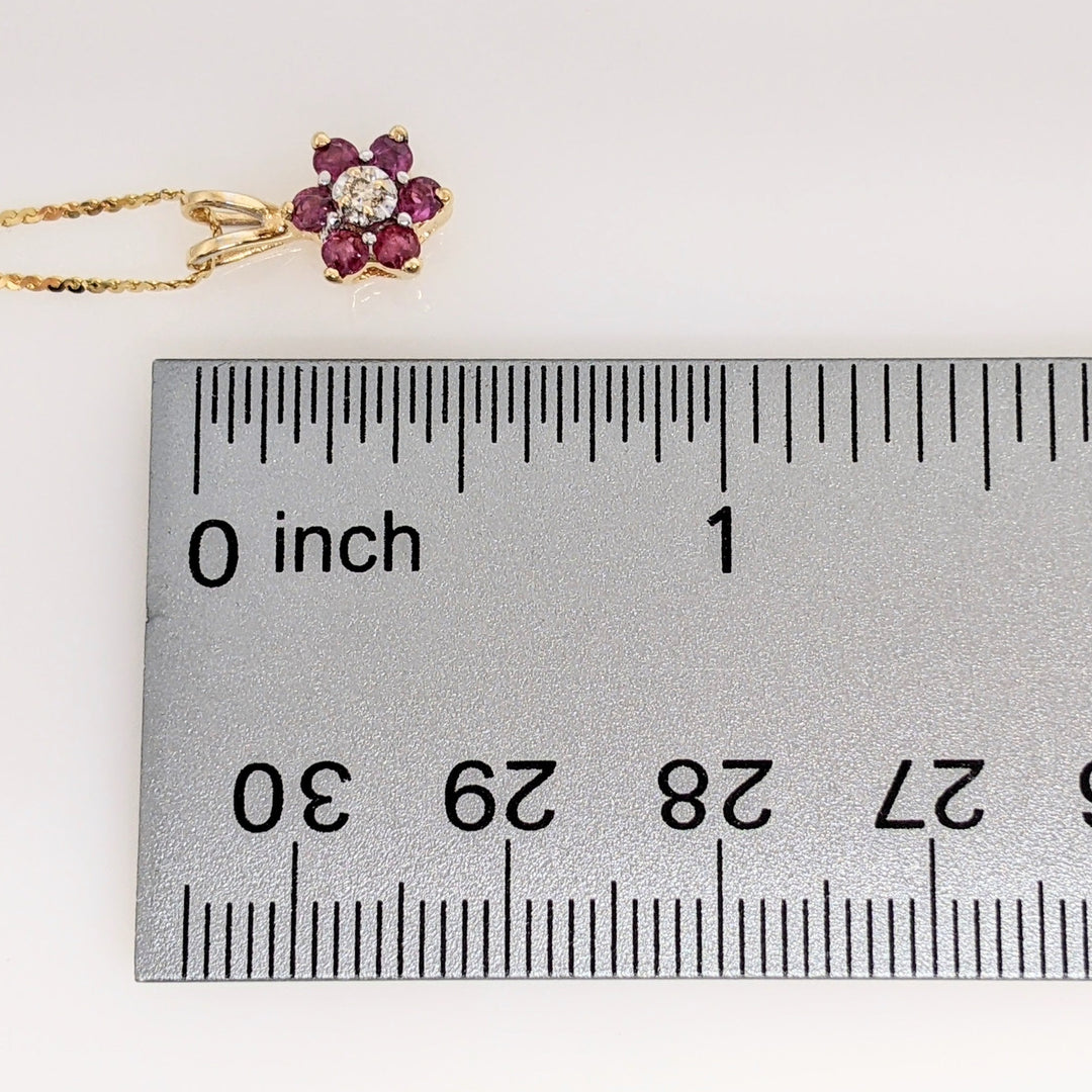 14K RUBY ROUND (6) 2MM WITH MELEE ESTATE PENDANT & CHAIN 2.2 GRAMS