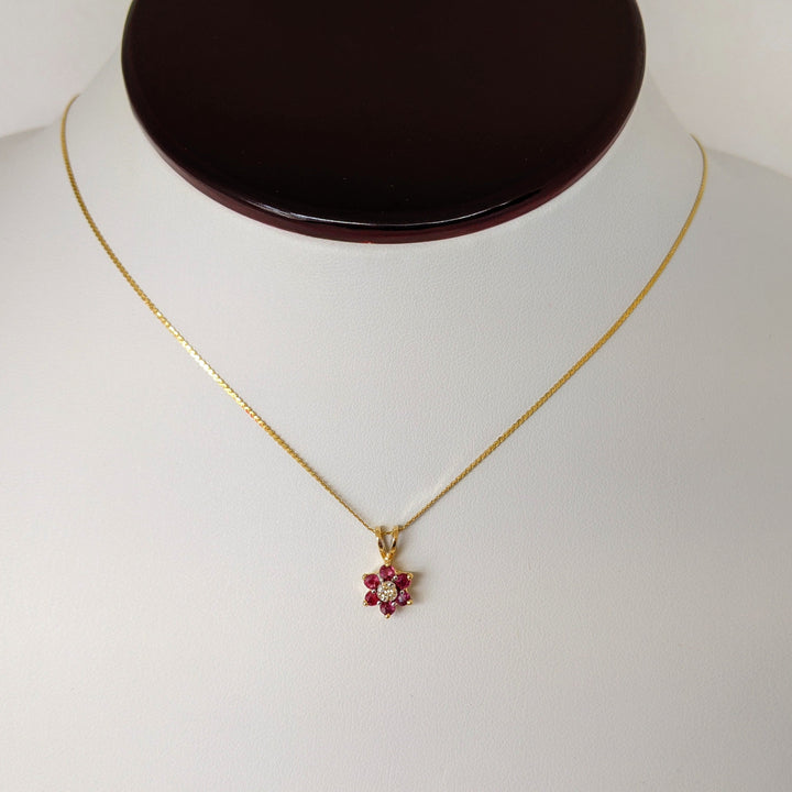 14K RUBY ROUND (6) 2MM WITH MELEE ESTATE PENDANT & CHAIN 2.2 GRAMS