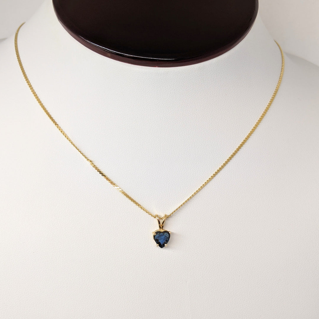 14K SAPPHIRE HEART 6MM ESTATE PENDANT & CHAIN 3.2 GRAMS