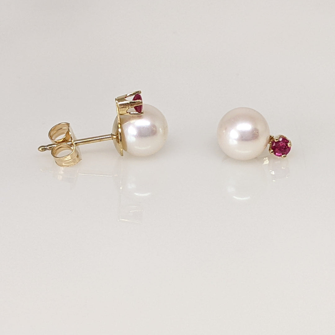 14K PEARL ROUND 7MM WITH 2.5MM RUBY ROUND ESTATE EARRINGS 1.5 GRAMS