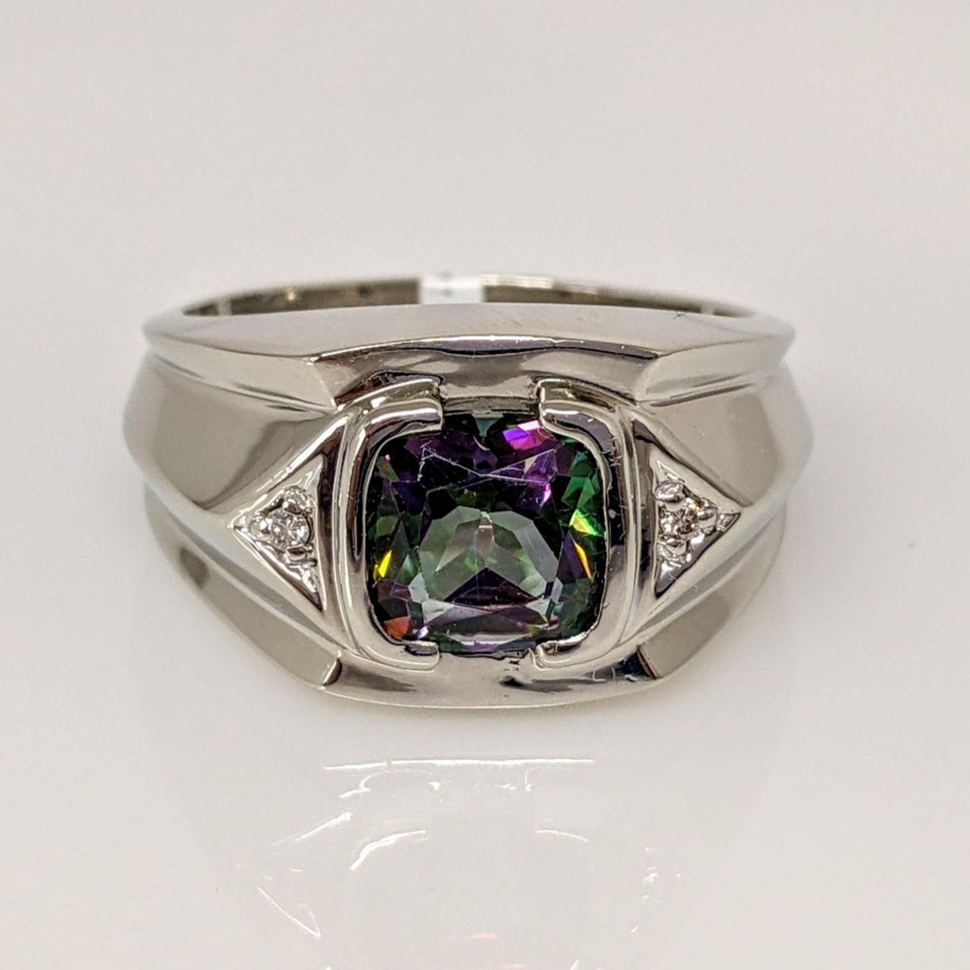 10K WHITE MYSTIC TOPAZ CUSHION CUT 8.5MM WITH (2) MELEE ESTATE RING 9.0 GRAMS