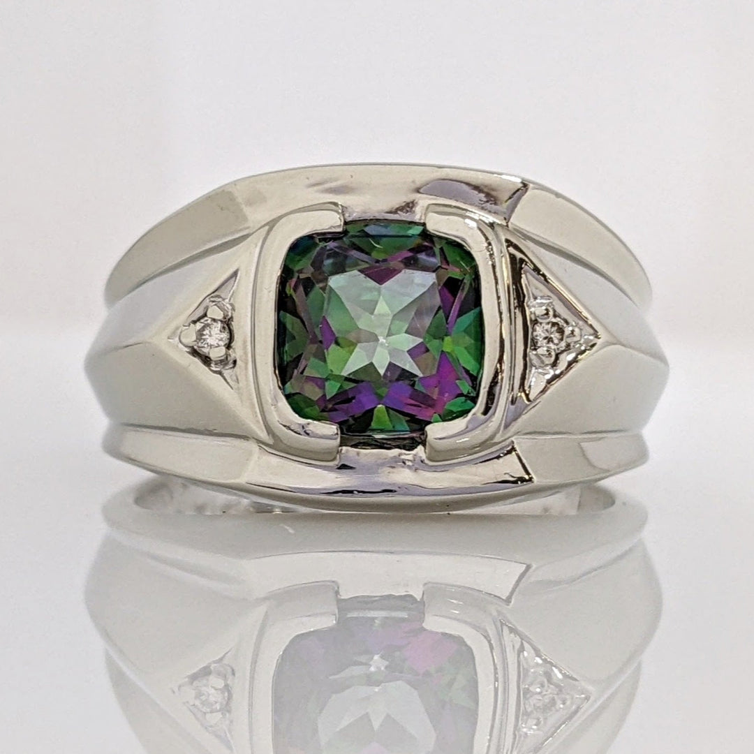 10K WHITE MYSTIC TOPAZ CUSHION CUT 8.5MM WITH (2) MELEE ESTATE RING 9.0 GRAMS