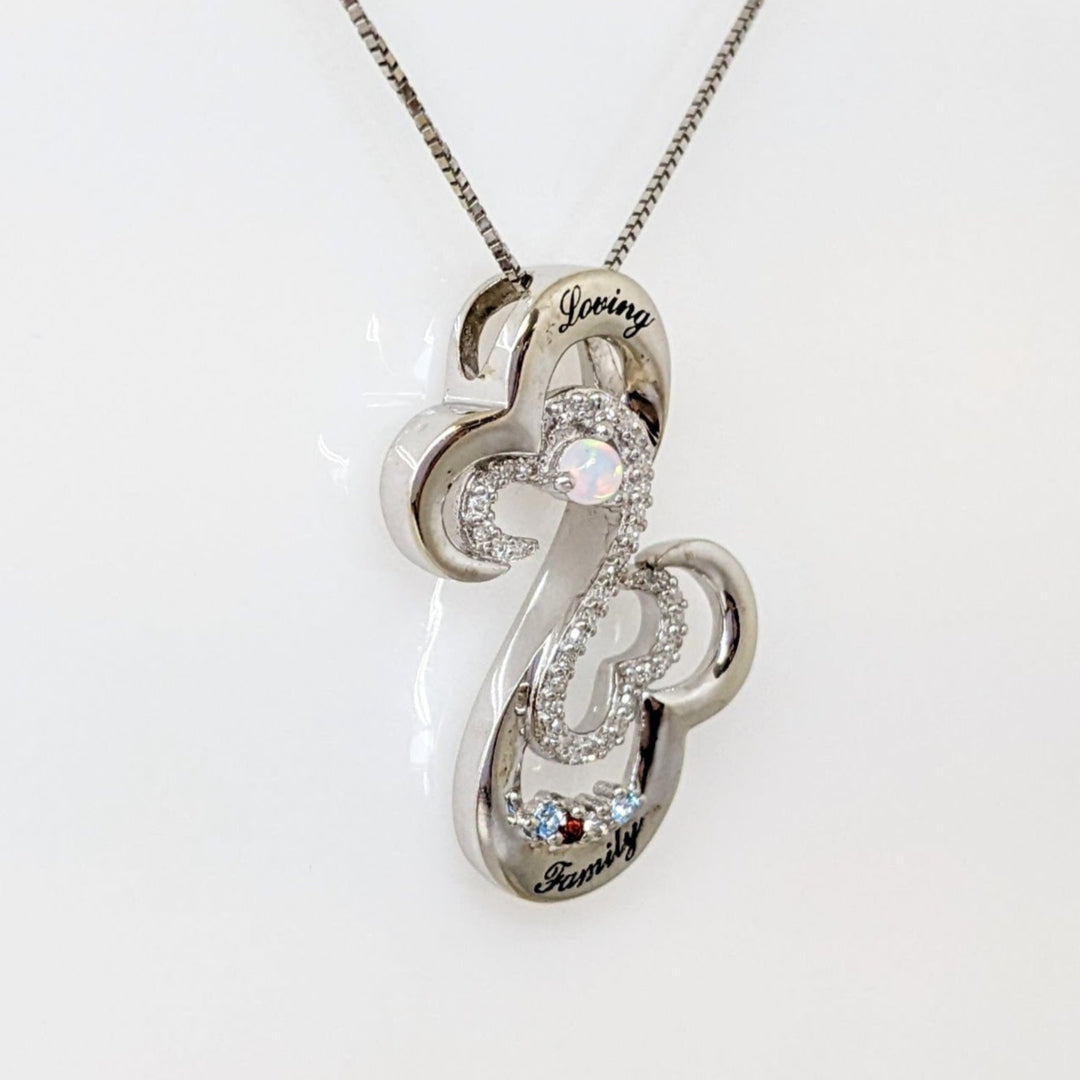 10K WHITE OPEN HEART WITH MELEE BIRTHSTONE FAMILY ESTATE PENDAND & CHAIN 3.7 GRAMS