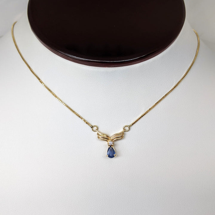 14K SAPPHIRE PEAR 3.75X5 WITH MELEE ESTATE V-NECKLACE 3.5 GRAMS