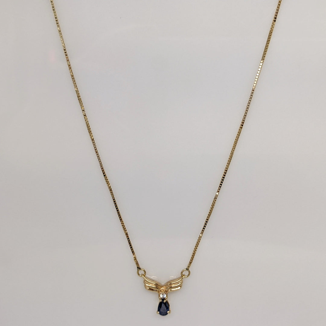 14K SAPPHIRE PEAR 3.75X5 WITH MELEE ESTATE V-NECKLACE 3.5 GRAMS