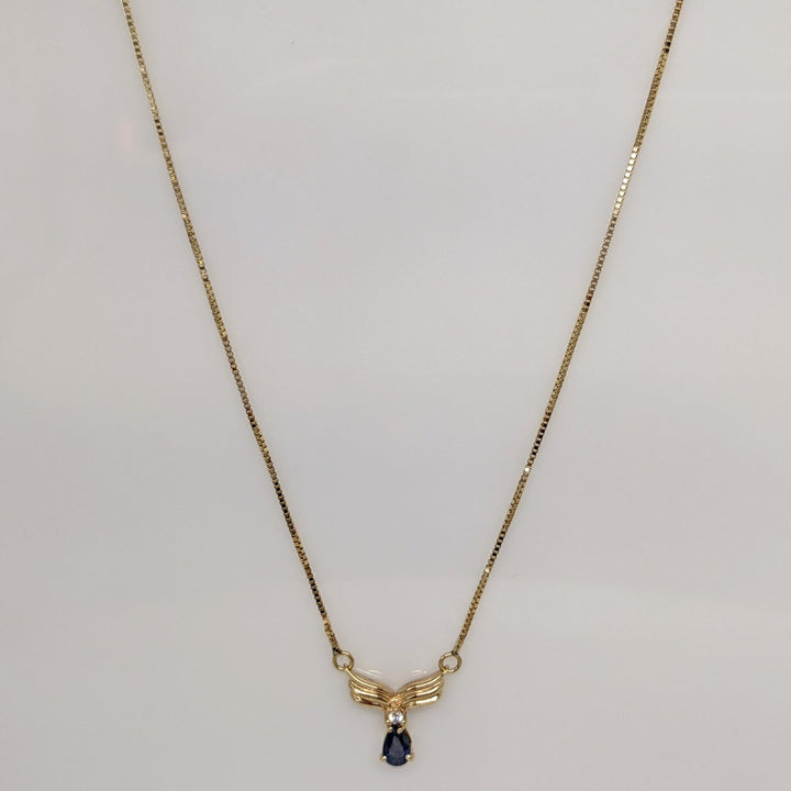 14K SAPPHIRE PEAR 3.75X5 WITH MELEE ESTATE V-NECKLACE 3.5 GRAMS