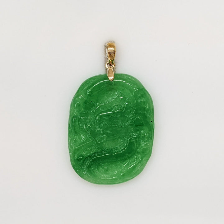 10K JADE OVAL 21X28 ETCHED ESTATE PENDANT 5.6 GRAMS