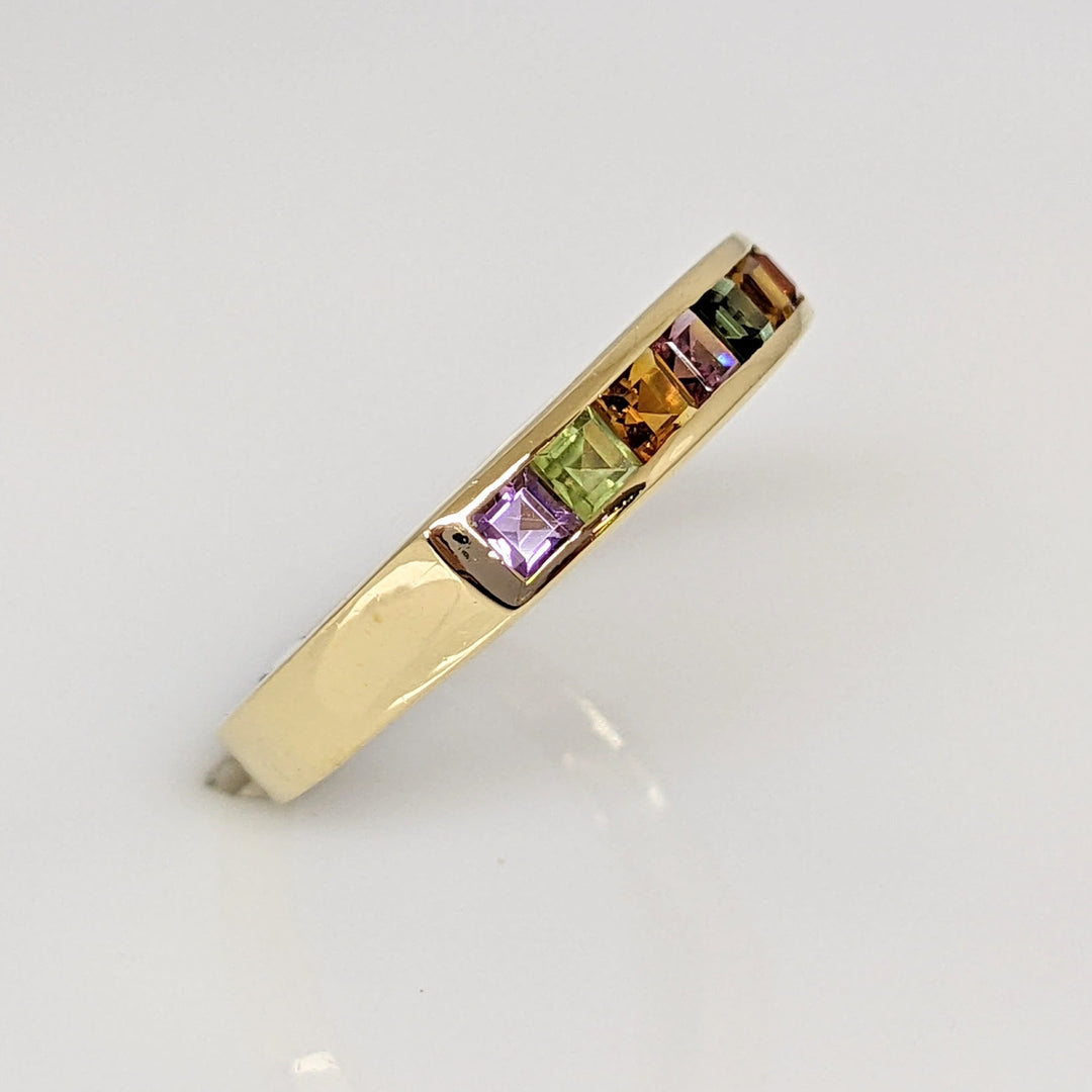 18K MULTI-COLORED PRINCESS CUT (7) 2MM ESTATE CHANNEL SET BAND 3.0 GRAMS