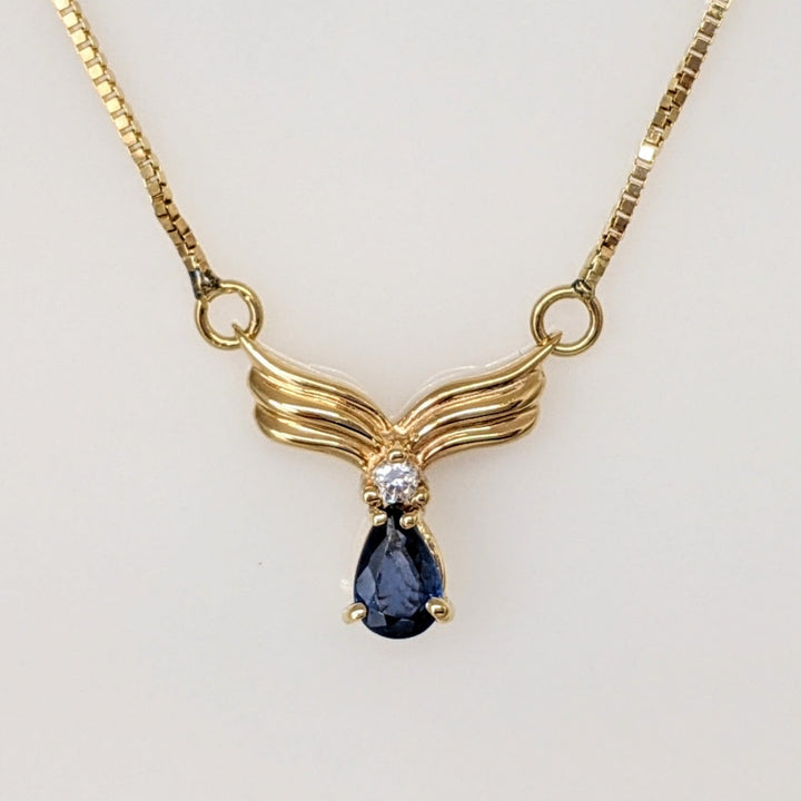 14K SAPPHIRE PEAR 3.75X5 WITH MELEE ESTATE V-NECKLACE 3.5 GRAMS