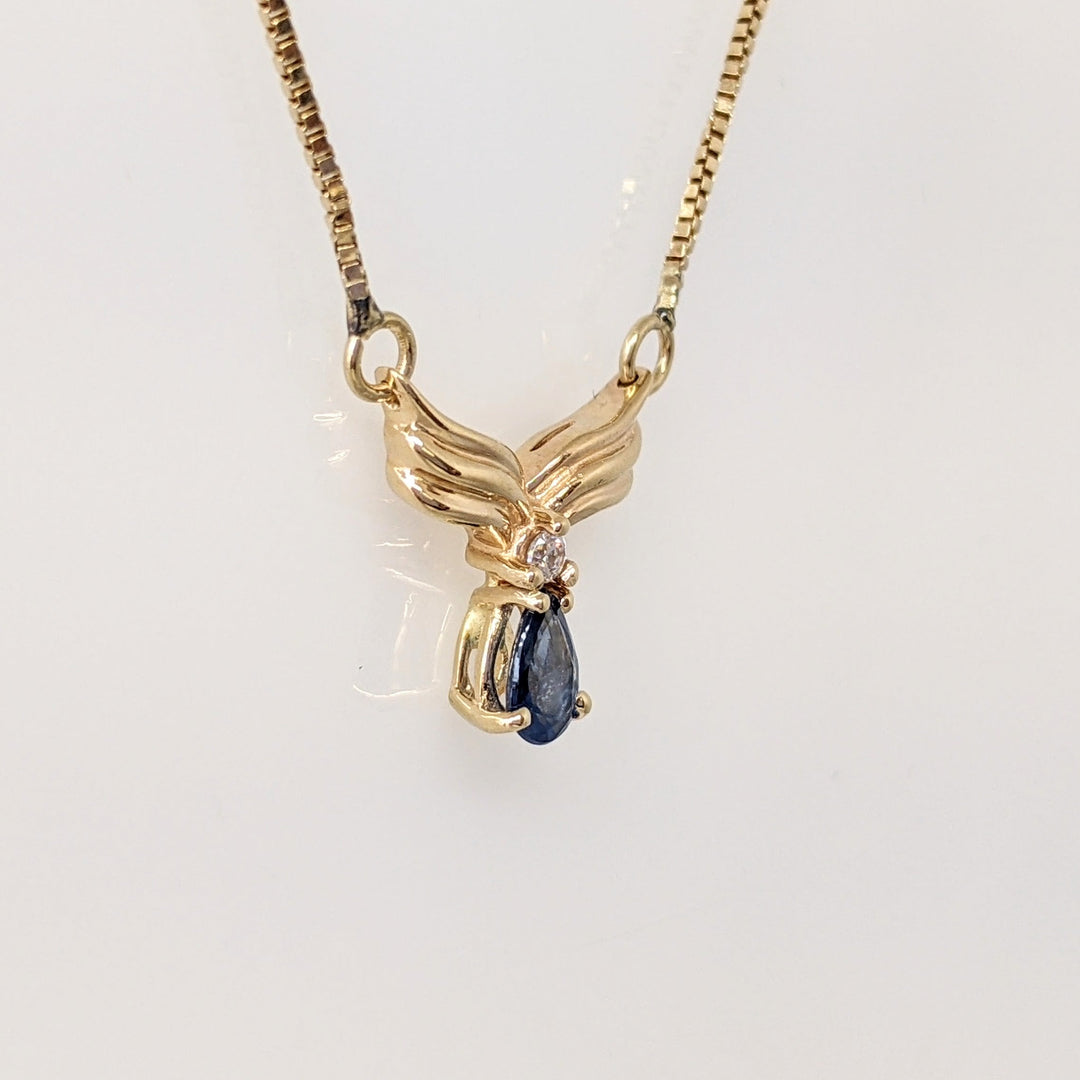 14K SAPPHIRE PEAR 3.75X5 WITH MELEE ESTATE V-NECKLACE 3.5 GRAMS