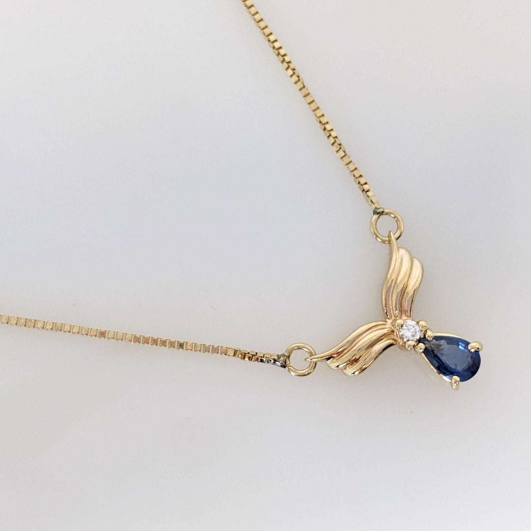 14K SAPPHIRE PEAR 3.75X5 WITH MELEE ESTATE V-NECKLACE 3.5 GRAMS