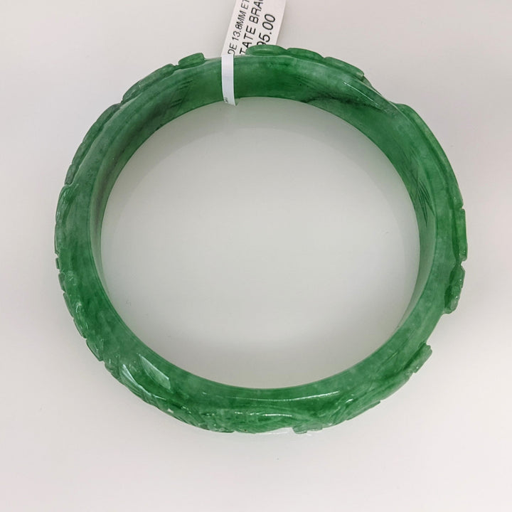 JADE 13.8MM ETCHED SOLID BANGLE ESTATE BRACELET 53.5 GRAMS