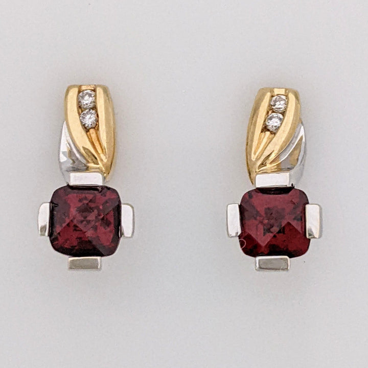 14K TWO-TONE GARNET CUSHION CUT 4MM WITH (4) MELEE ESTATE EARRINGS 2.9 GRAMS