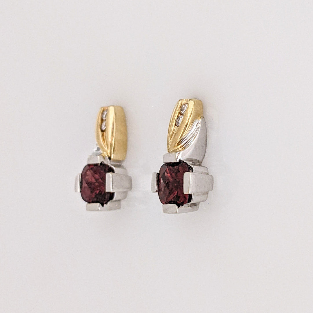 14K TWO-TONE GARNET CUSHION CUT 4MM WITH (4) MELEE ESTATE EARRINGS 2.9 GRAMS