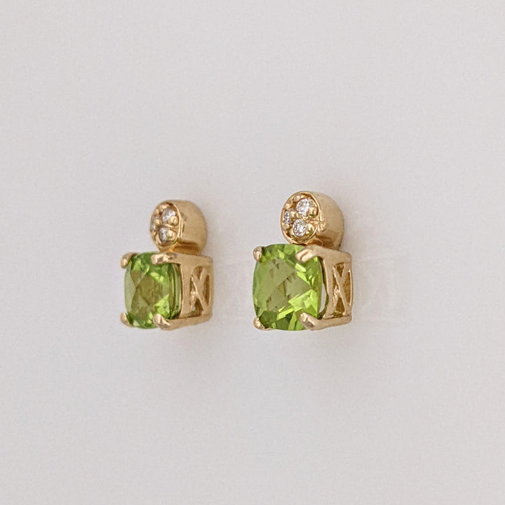 14K PERIDOT CUSHION CUT 5MM WITH (6) MELEE ESTATE EARRINGS 1.6 GRAMS