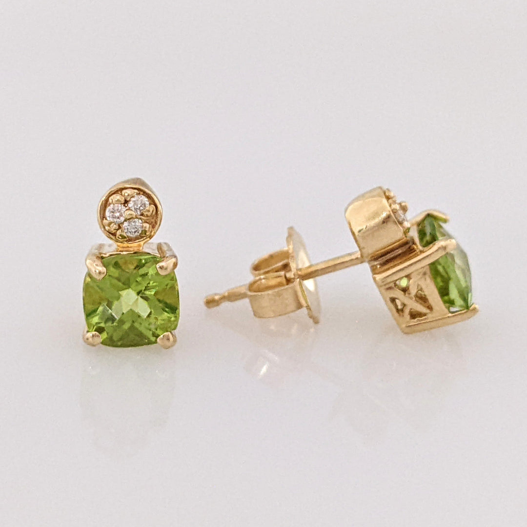 14K PERIDOT CUSHION CUT 5MM WITH (6) MELEE ESTATE EARRINGS 1.6 GRAMS