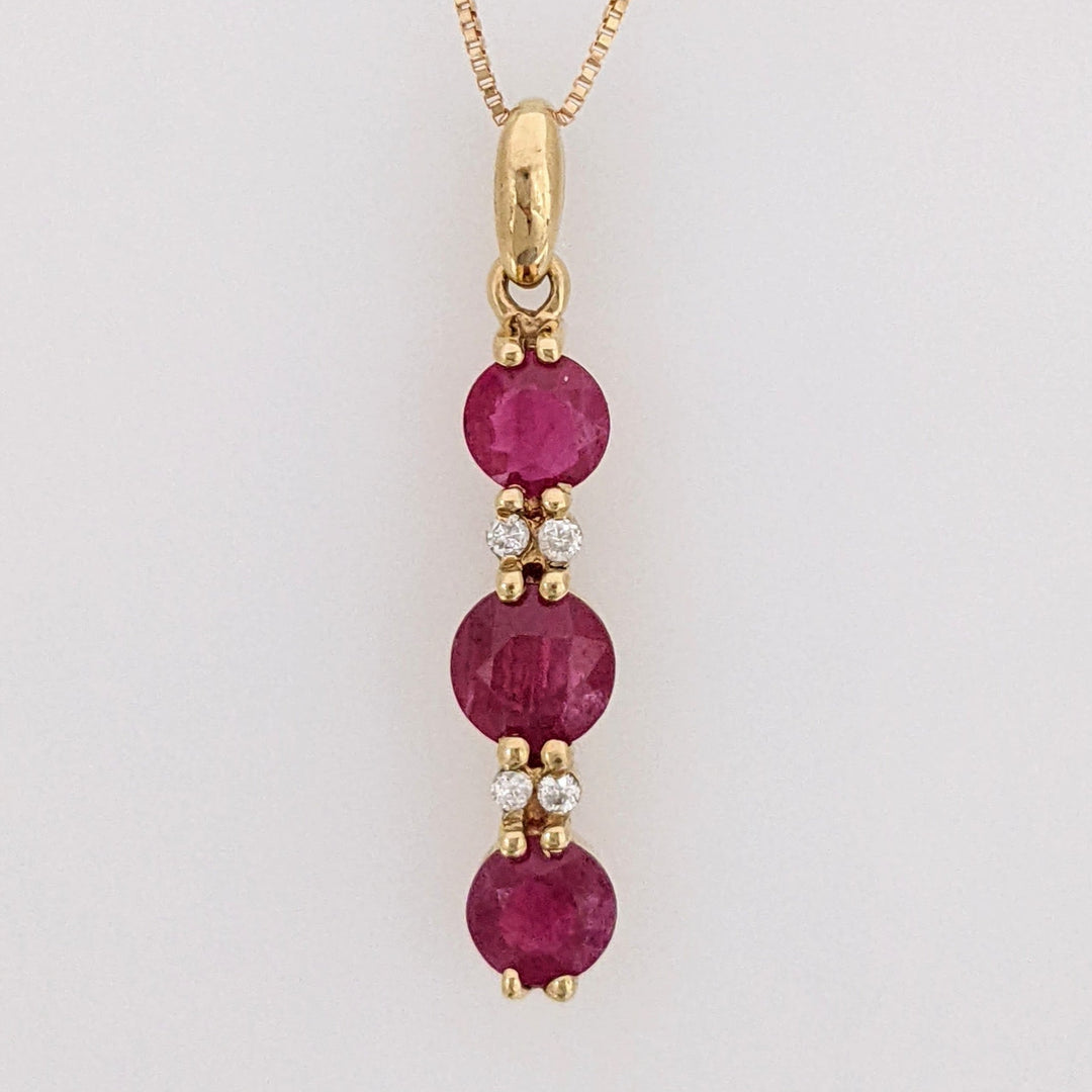 14K RUBY ROUND (1) 5.5MM (2) 4.5MM WITH (4) MELEE ESTATE PENDANT & CHAIN 2.6 GRAMS