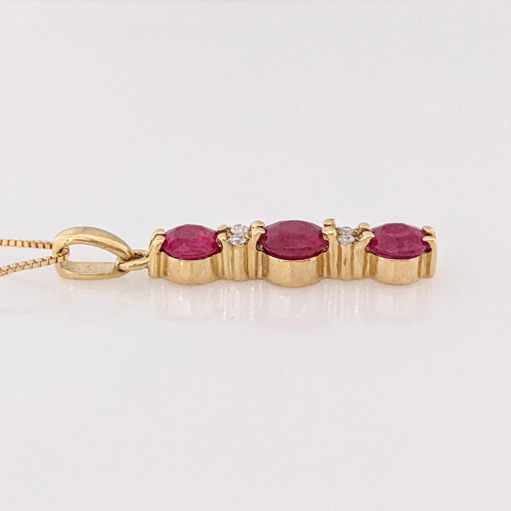 14K RUBY ROUND (1) 5.5MM (2) 4.5MM WITH (4) MELEE ESTATE PENDANT & CHAIN 2.6 GRAMS