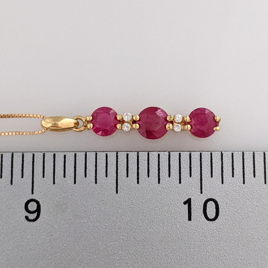 14K RUBY ROUND (1) 5.5MM (2) 4.5MM WITH (4) MELEE ESTATE PENDANT & CHAIN 2.6 GRAMS