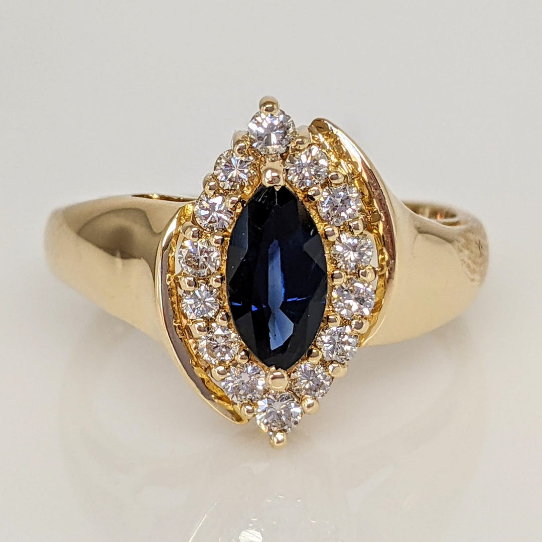 14K SAPPHIRE MARQUISE 4X8 WITH .28 DIAMOND TOTAL WEIGHT (14) ROUND ESTATE RING 4.6 GRAMS