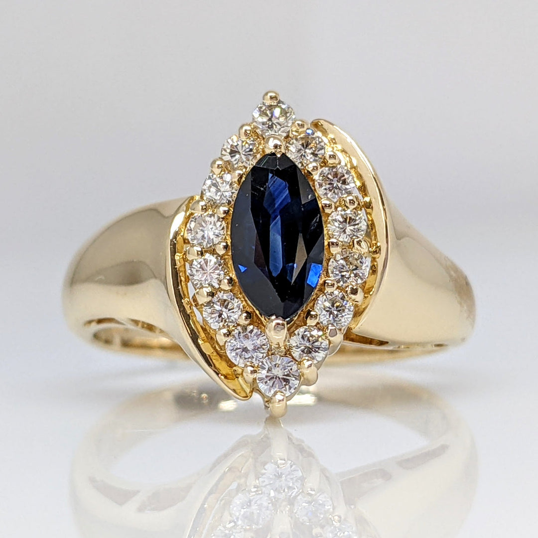 14K SAPPHIRE MARQUISE 4X8 WITH .28 DIAMOND TOTAL WEIGHT (14) ROUND ESTATE RING 4.6 GRAMS