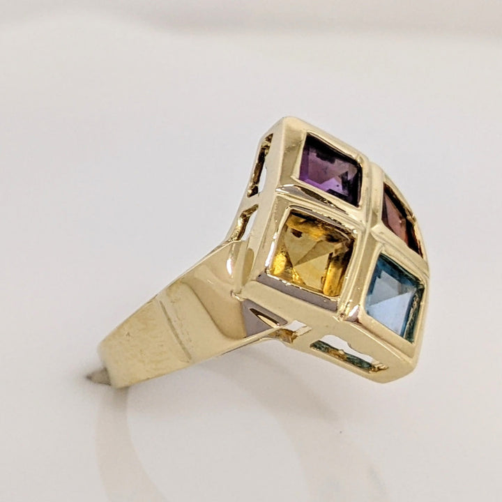 14K GARNET, BLUE TOPAZ, CITRINE, AMETHYST PRINCESS CUT 4MM BEZEL ESTATE RING 5.0 GRAMS