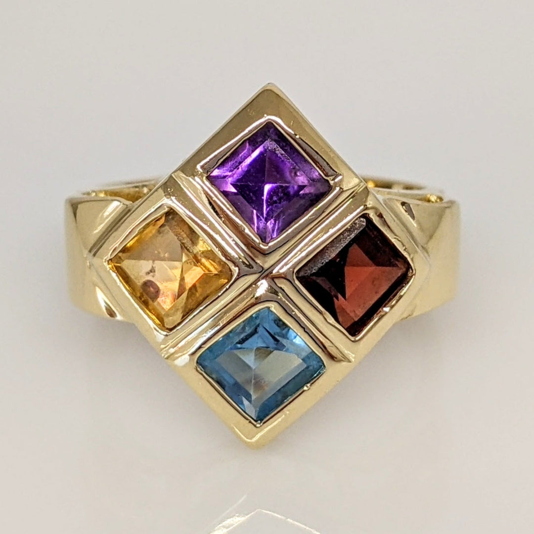 14K GARNET, BLUE TOPAZ, CITRINE, AMETHYST PRINCESS CUT 4MM BEZEL ESTATE RING 5.0 GRAMS