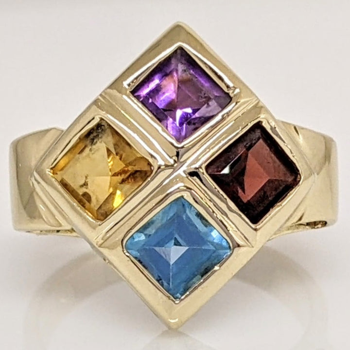 14K GARNET, BLUE TOPAZ, CITRINE, AMETHYST PRINCESS CUT 4MM BEZEL ESTATE RING 5.0 GRAMS