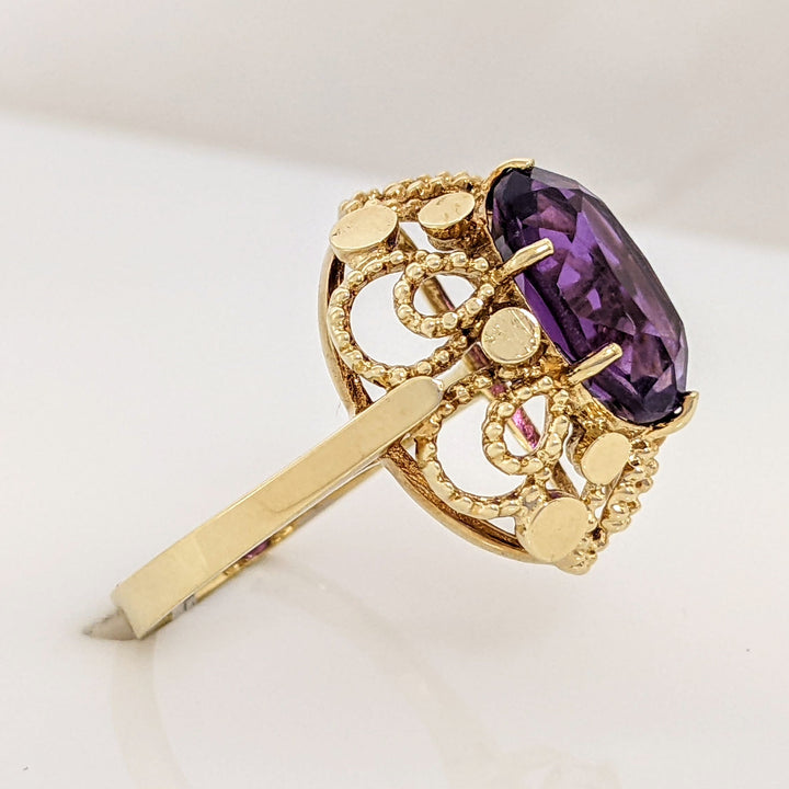 14K AMETHYST OVAL 8X12 BEADED OPEN TRIM ESTATE RING 4.8 GRAMS