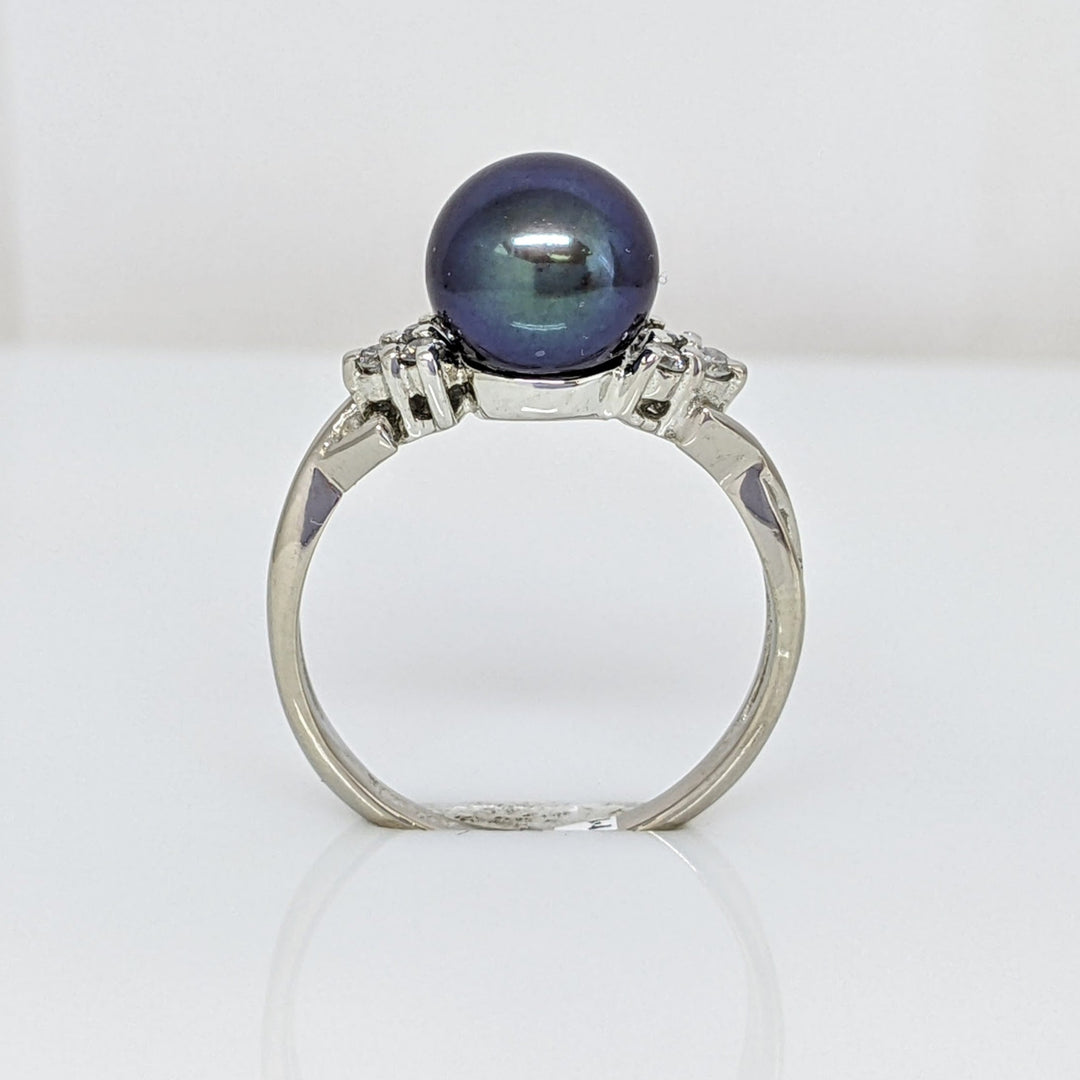 14K WHITE BLACK PEARL ROUND 8MM WITH .10 DIAMOND TOTAL WEIGHT (8) ESTATE RING 3.0 GRAMS