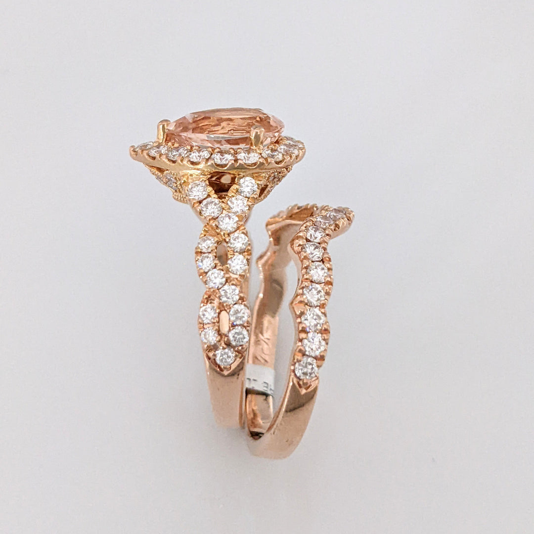 14K ROSE MORGANITE PEAR 9X6.4 WITH 1.30 DIAMOND TOTAL WEIGHT ESTATE RING/BAND SET 7.1 GRAMS