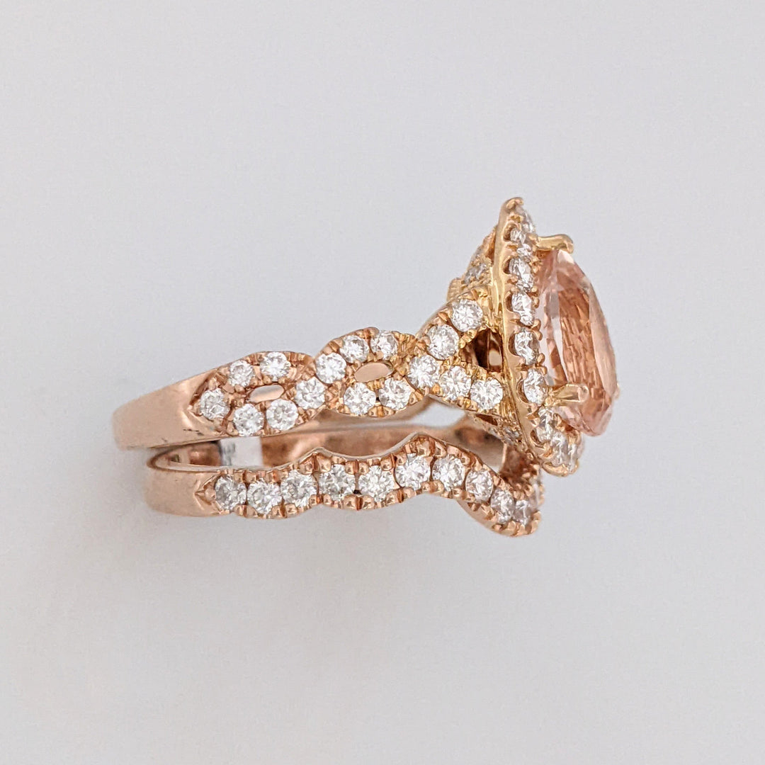 14K ROSE MORGANITE PEAR 9X6.4 WITH 1.30 DIAMOND TOTAL WEIGHT ESTATE RING/BAND SET 7.1 GRAMS