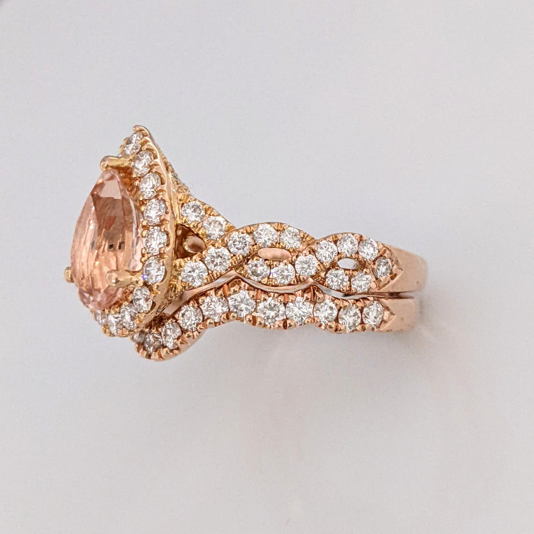 14K ROSE MORGANITE PEAR 9X6.4 WITH 1.30 DIAMOND TOTAL WEIGHT ESTATE RING/BAND SET 7.1 GRAMS