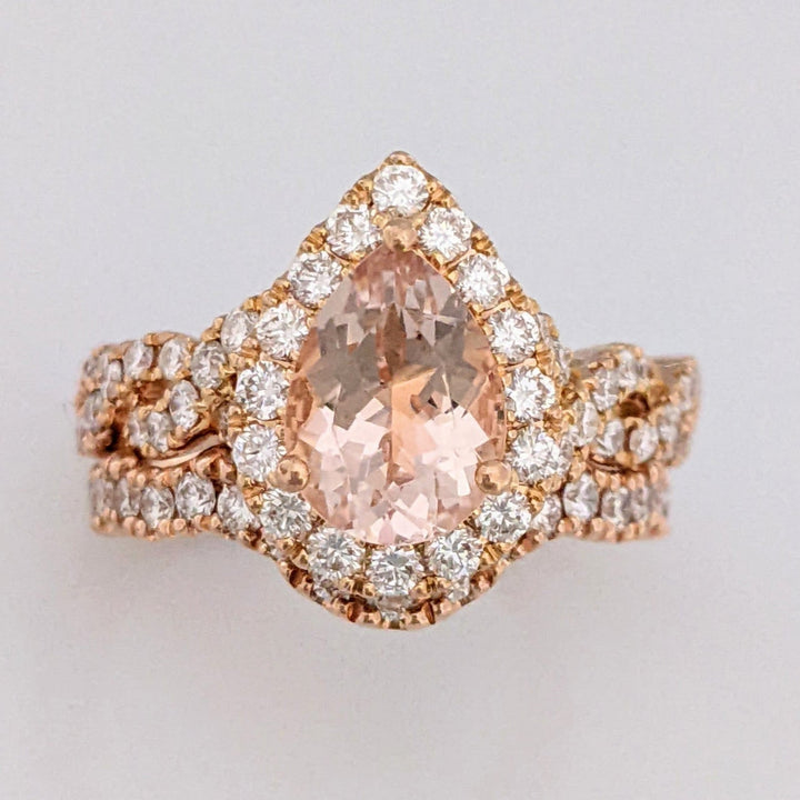 14K ROSE MORGANITE PEAR 9X6.4 WITH 1.30 DIAMOND TOTAL WEIGHT ESTATE RING/BAND SET 7.1 GRAMS