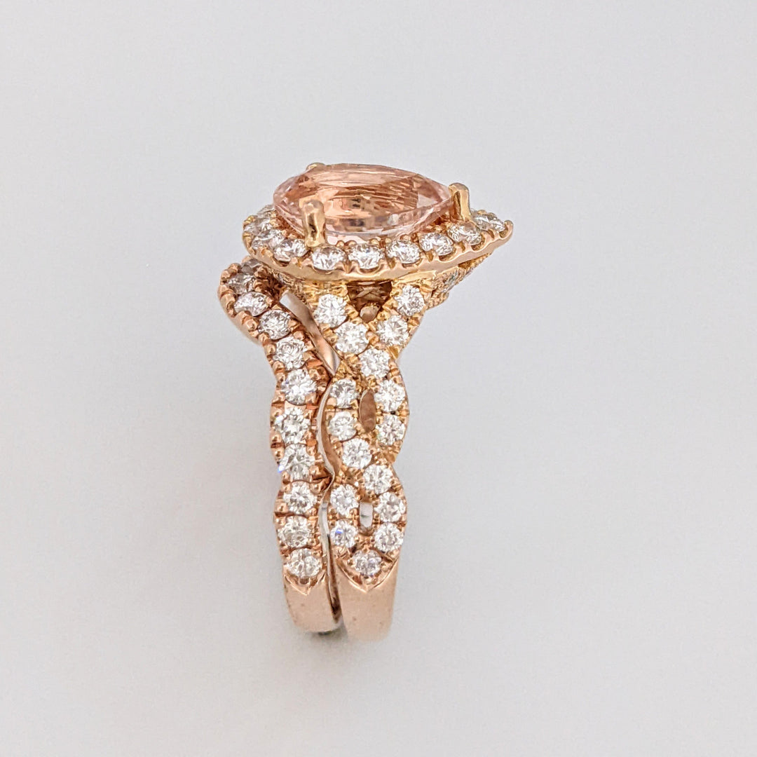 14K ROSE MORGANITE PEAR 9X6.4 WITH 1.30 DIAMOND TOTAL WEIGHT ESTATE RING/BAND SET 7.1 GRAMS