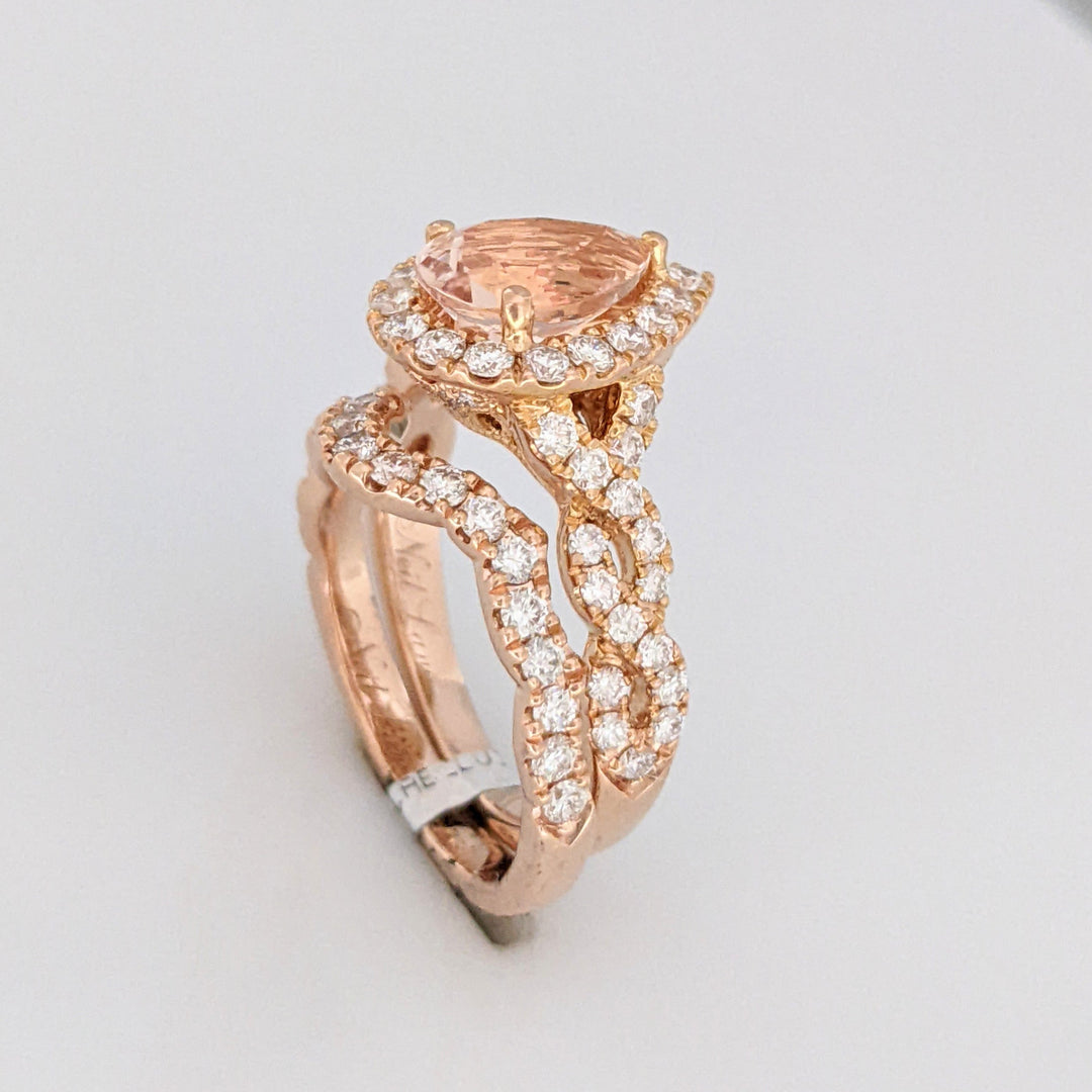 14K ROSE MORGANITE PEAR 9X6.4 WITH 1.30 DIAMOND TOTAL WEIGHT ESTATE RING/BAND SET 7.1 GRAMS
