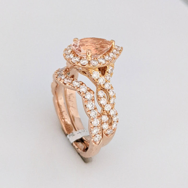14K ROSE MORGANITE PEAR 9X6.4 WITH 1.30 DIAMOND TOTAL WEIGHT ESTATE RING/BAND SET 7.1 GRAMS