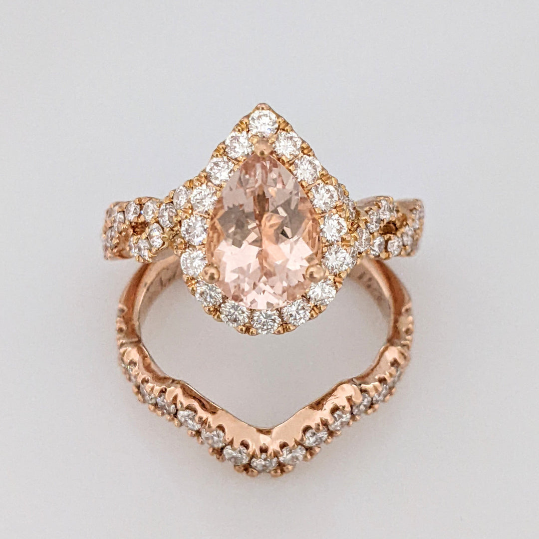 14K ROSE MORGANITE PEAR 9X6.4 WITH 1.30 DIAMOND TOTAL WEIGHT ESTATE RING/BAND SET 7.1 GRAMS