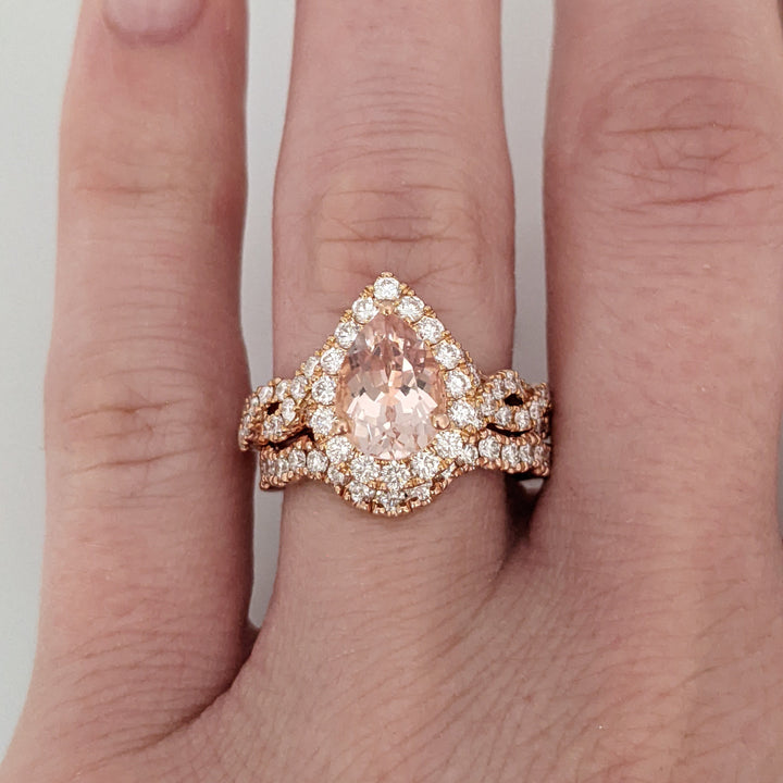 14K ROSE MORGANITE PEAR 9X6.4 WITH 1.30 DIAMOND TOTAL WEIGHT ESTATE RING/BAND SET 7.1 GRAMS