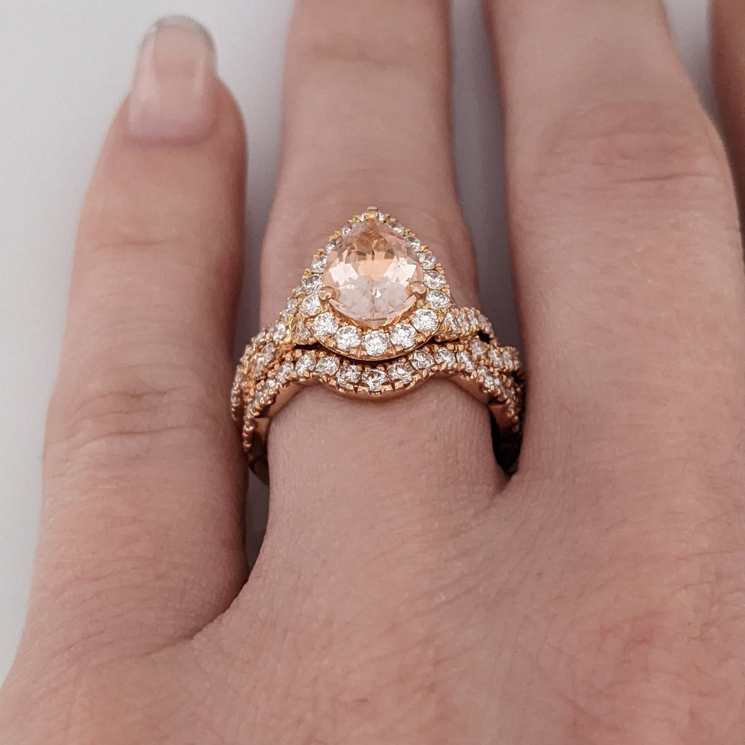 14K ROSE MORGANITE PEAR 9X6.4 WITH 1.30 DIAMOND TOTAL WEIGHT ESTATE RING/BAND SET 7.1 GRAMS
